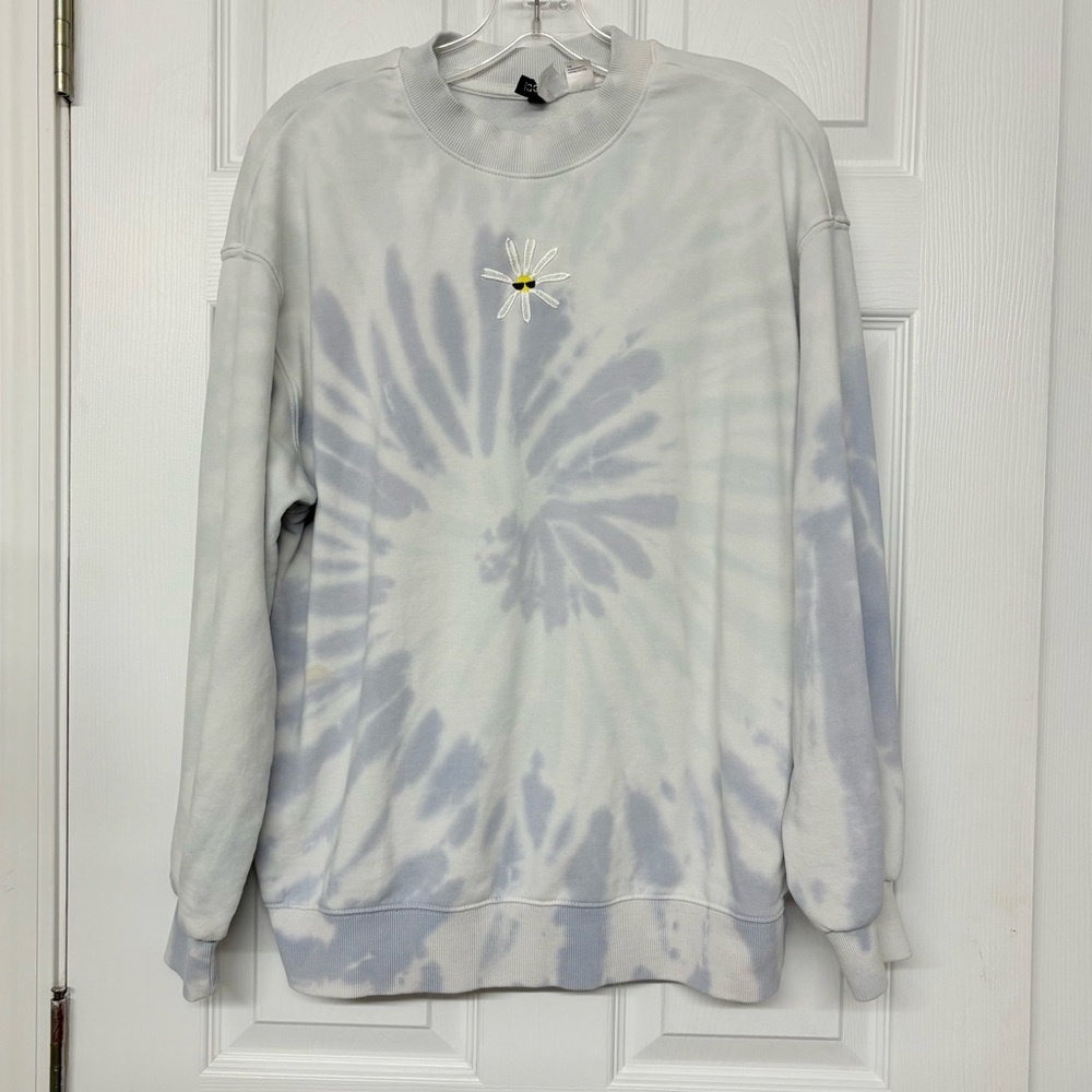 Divided Purple Tie Dye Oversized Sweatshirt Embroidered Sun with Sunglasses Sz M